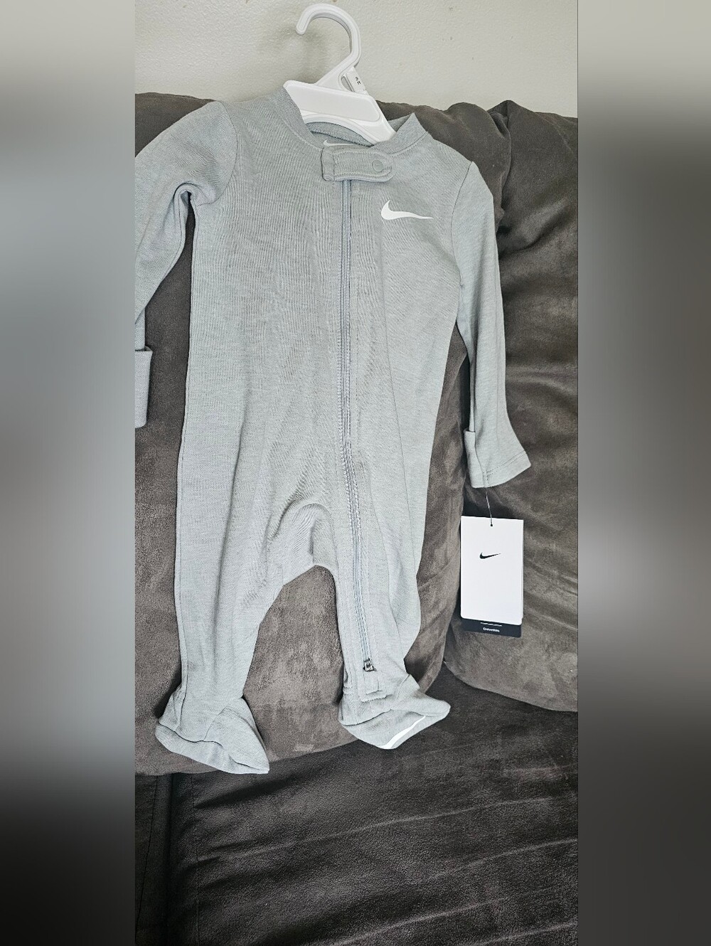 Nike Baby Grey Zip-Front Footie with Swoosh